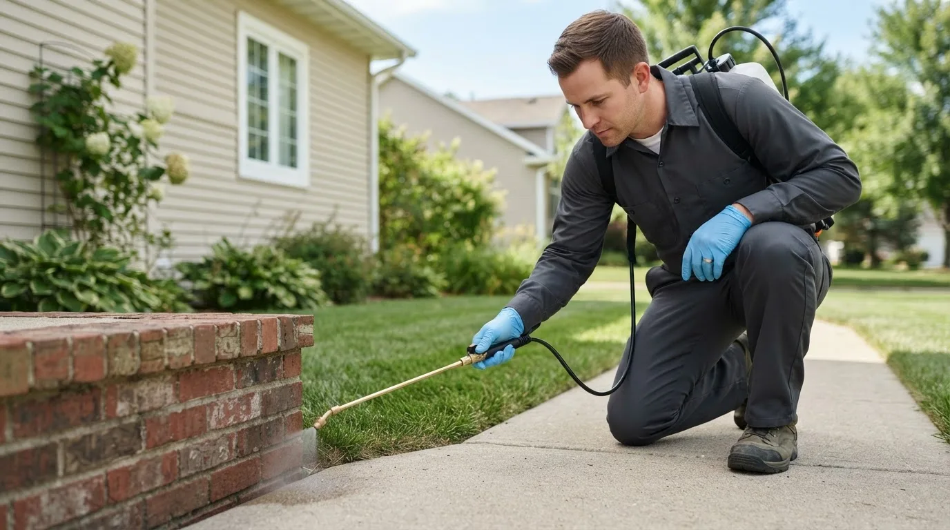 Pest control technician treating a home near Heath, MA
